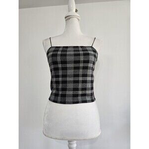Black White Plaid Crop Tank Top Popular 21 Size Small Strappy Stretch Cami Shirt